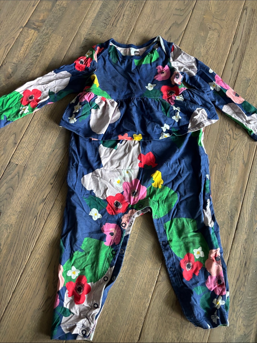 Tea Collection Navy Floral Long-Sleeve Ruffle Romper
